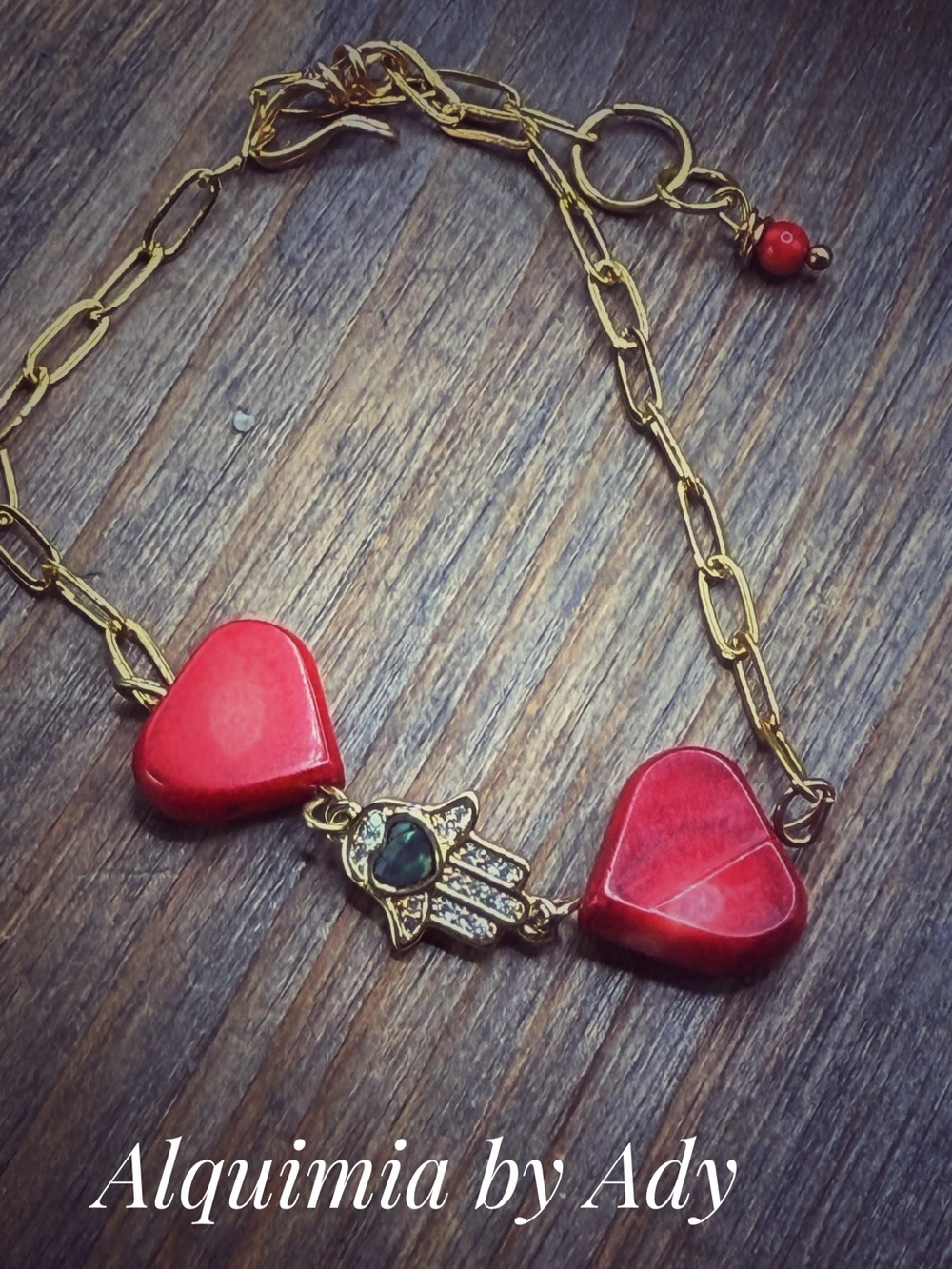 Gold red coral adjustable rope chain dainty bracelet